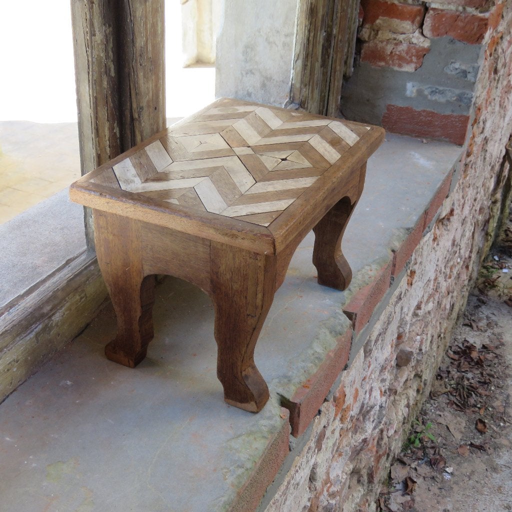 Antieke houten kruk voetbank inlegwerk, 1920-30, Ophalen of Verzenden