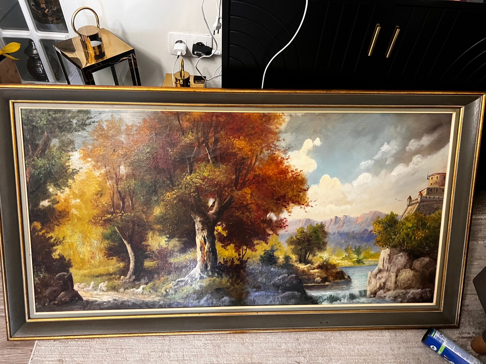 Grand tableau vintage - Cadre Maison Dutron Liège, Peinture à l'huile, Paysage, Signé, Enlèvement