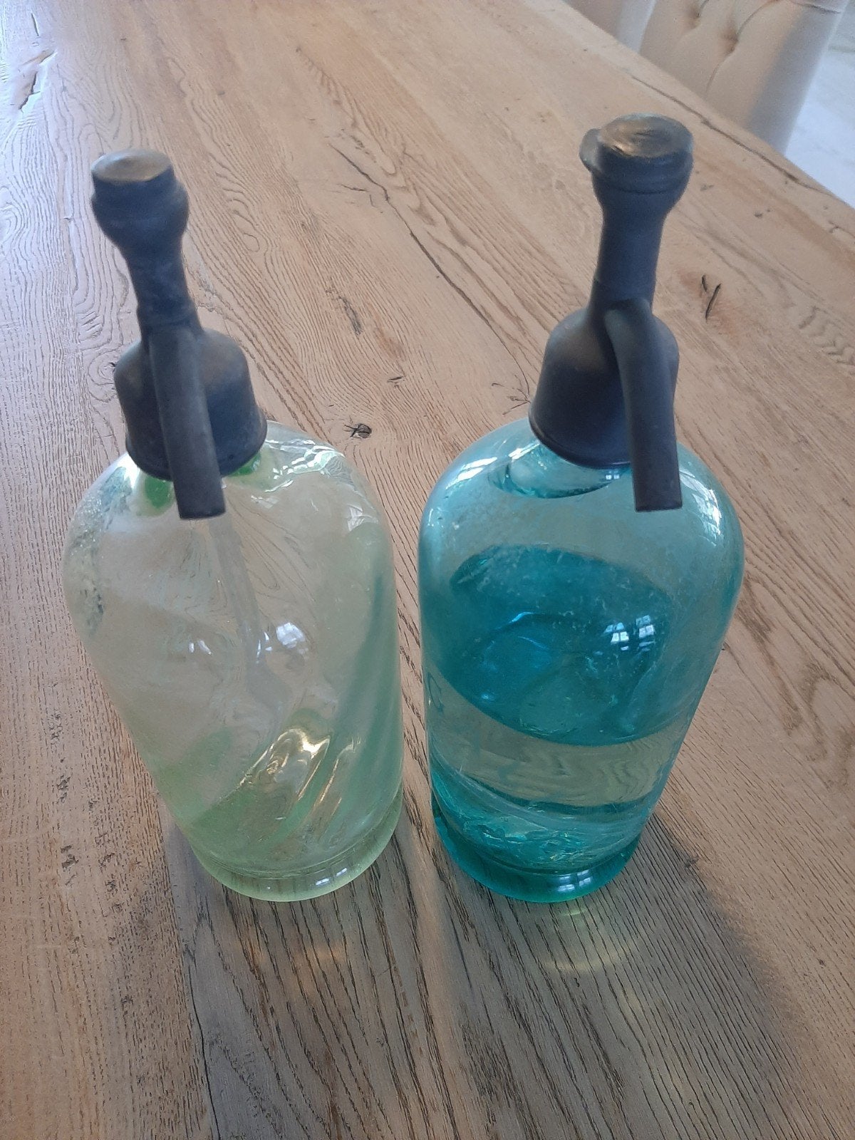 4 antieke sodasifons of waterflessen in lichtgroen turquoise, Ophalen