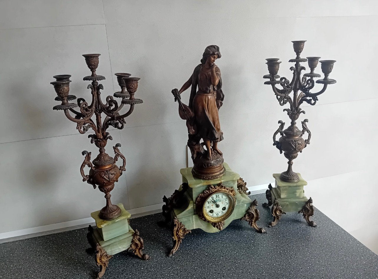 Antieke 3-delige pendule met kandelaars – werkend, Hobby & Loisirs créatifs, Wargaming, Enlèvement, Comme neuf
