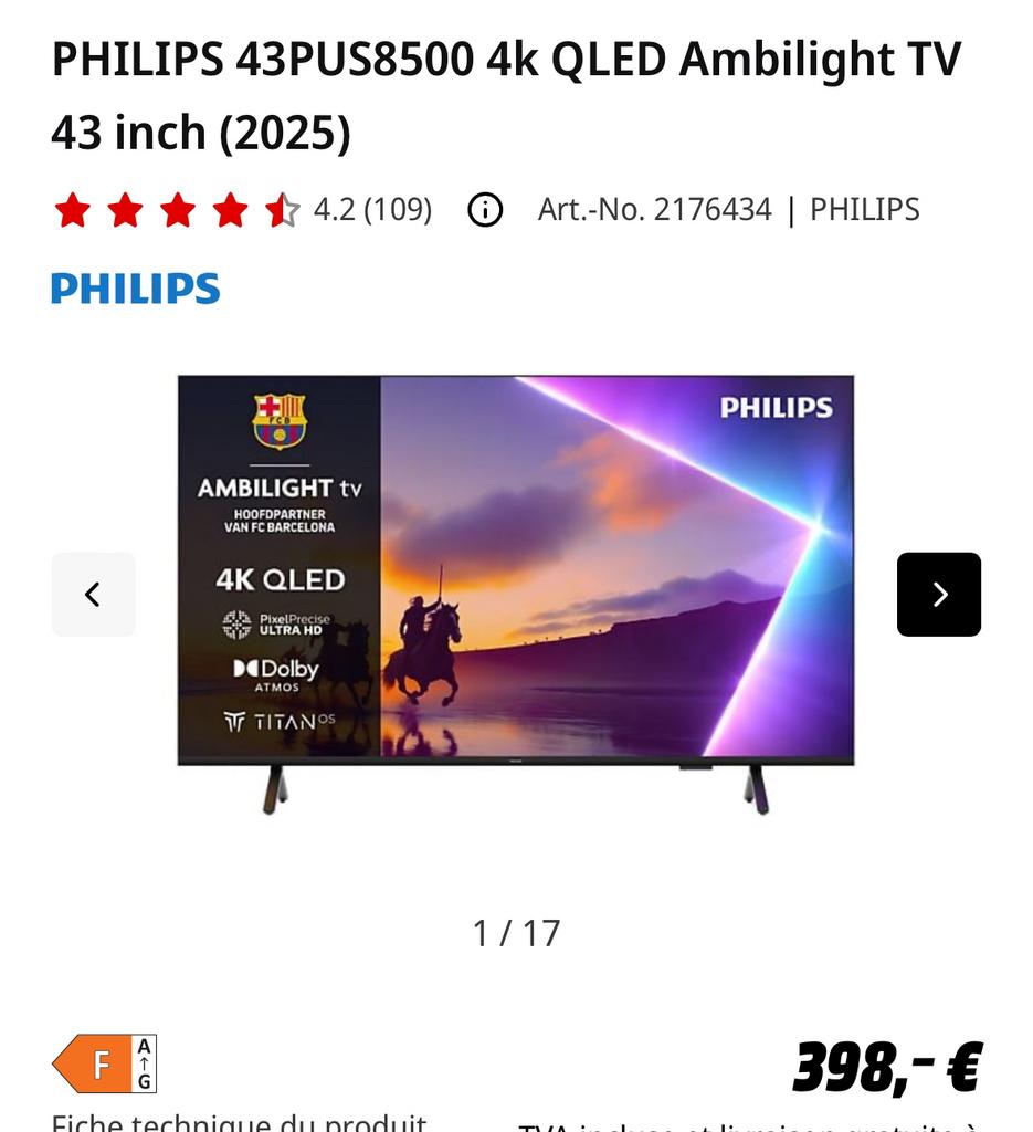 Philips Ambilight 43" 4K NEUVE, Audio, Tv en Foto, Ophalen, Philips, QLED, Zo goed als nieuw