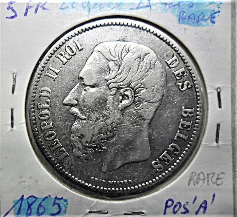 Monnaie argent 5 francs Léopold II 1865 TRÉS RARE, Enlèvement ou Envoi, Monnaie en vrac, Argent, Argent