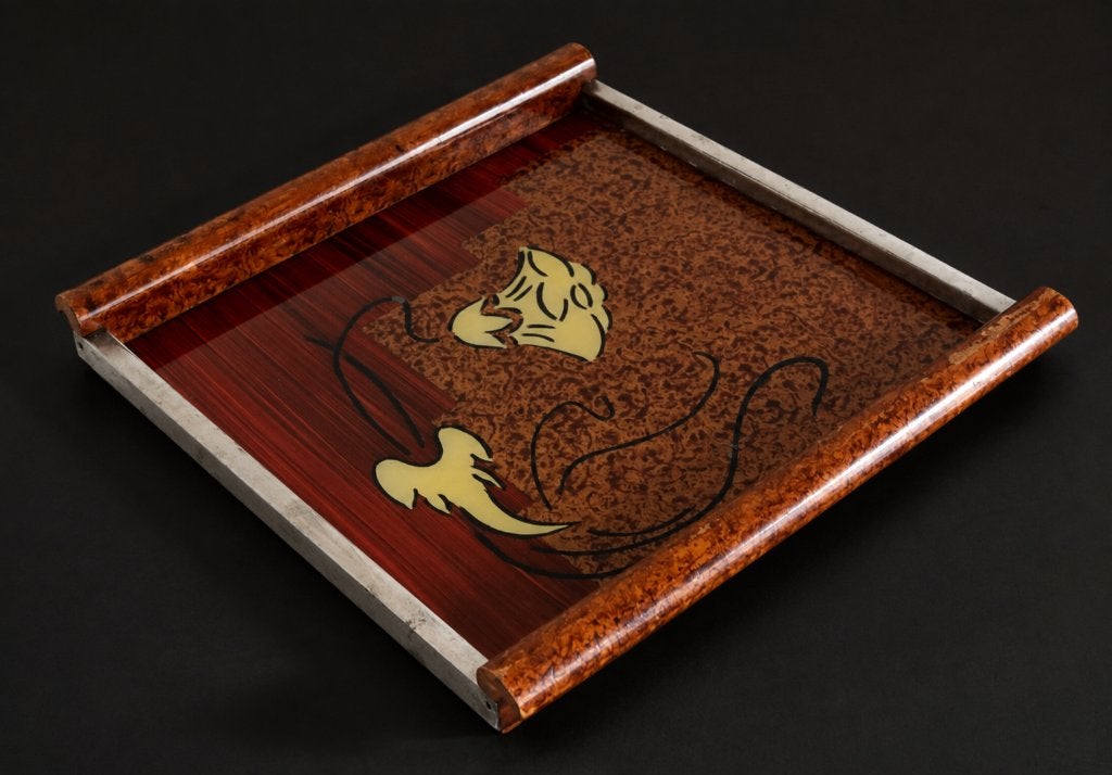 Vintage art deco dienblad uit de periode 1940, Ophalen of Verzenden, Met glasplaat, Glas, Dienblad