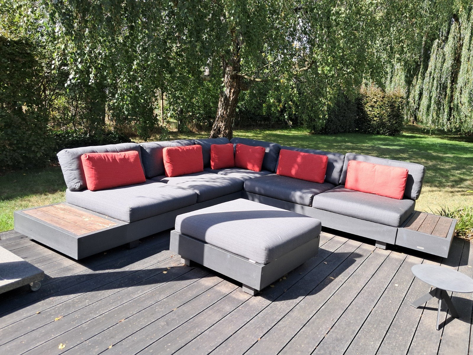 Rechthoekige loungeset (2,70 m x 2,70 m) en bijzettafel/poef, Enlèvement, Utilisé, Banque, Sets de jardin