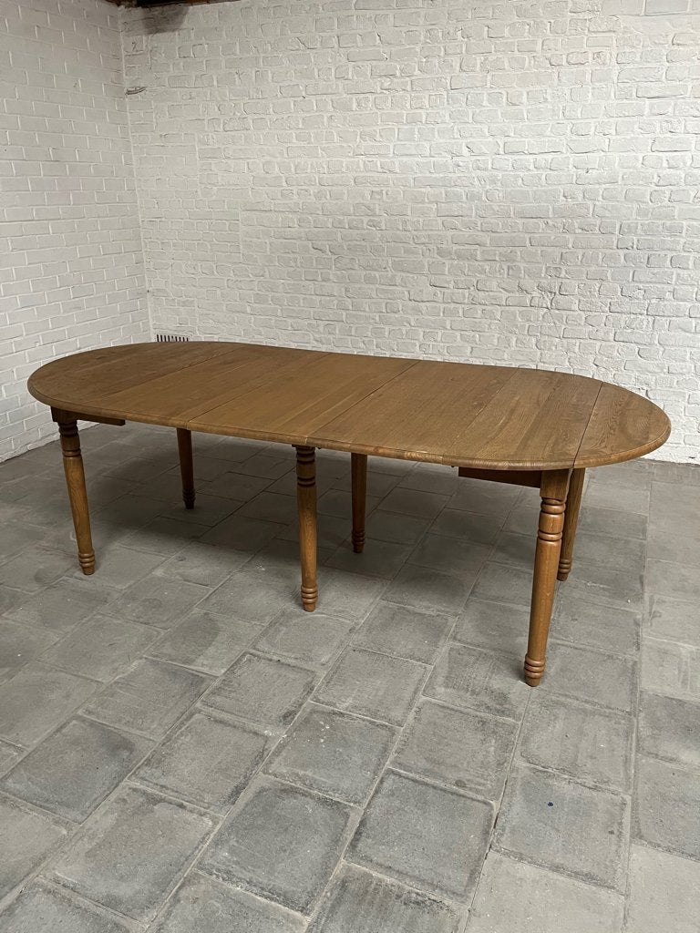 Ronde tafel in eik + 3 verlengstukken., Huis en Inrichting, Ophalen, Gebruikt, 100 tot 150 cm, Eikenhout