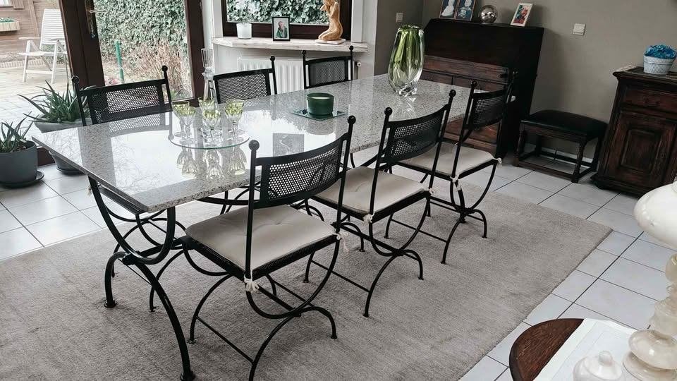 Prachtige smeedijzeren tafel + stoelen + marmer blad UNIEK, Enlèvement ou Envoi