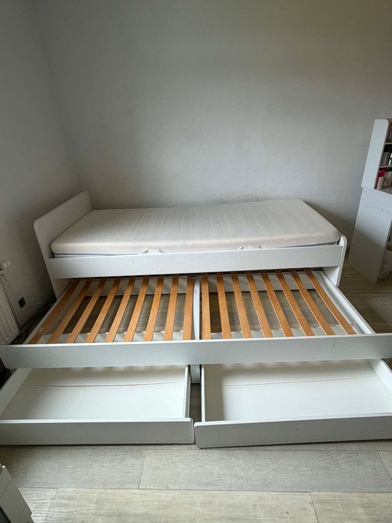 Lit gigogne / banquette  blanc + 2 matelas + rangements, Enlèvement, Utilisé, 200 cm, Bois
