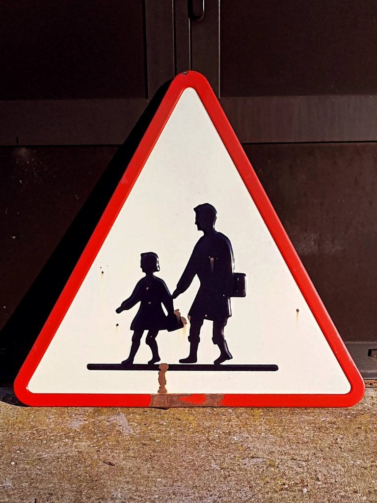 Stoer groot Frans emaille verkeersbord, waarschuwingsbord., Ophalen