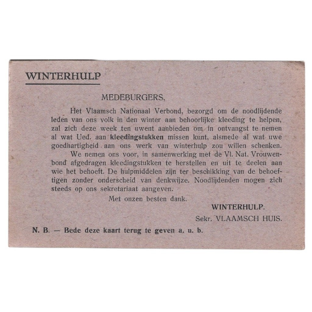 Winterhulp - VNV - oproepingskaart, Verzamelen, Ophalen of Verzenden, Overige soorten, Overige typen