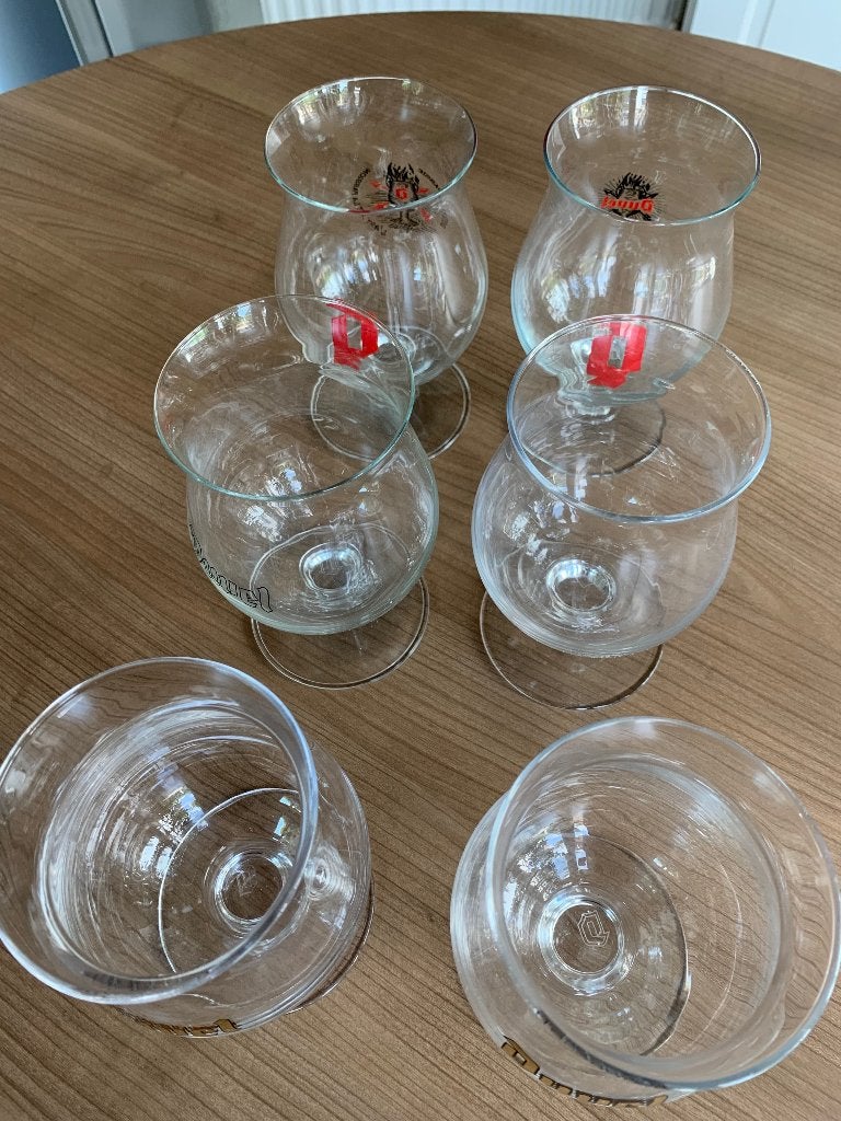 9 Duvelglazen: 6 in glas + 3 plastiek, Verzamelen, Ophalen of Verzenden, Zo goed als nieuw, Bierglas
