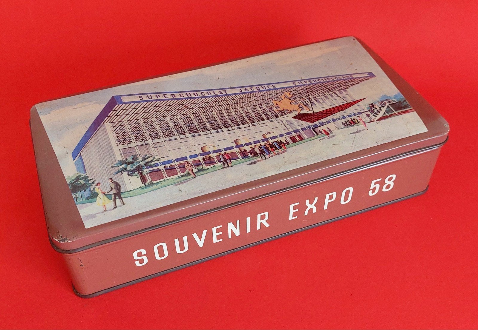 Souvenir Expo 58 Jacques metalen doos van chocolade, Ophalen of Verzenden, Gebruikt, Koek(jes), Overige merken