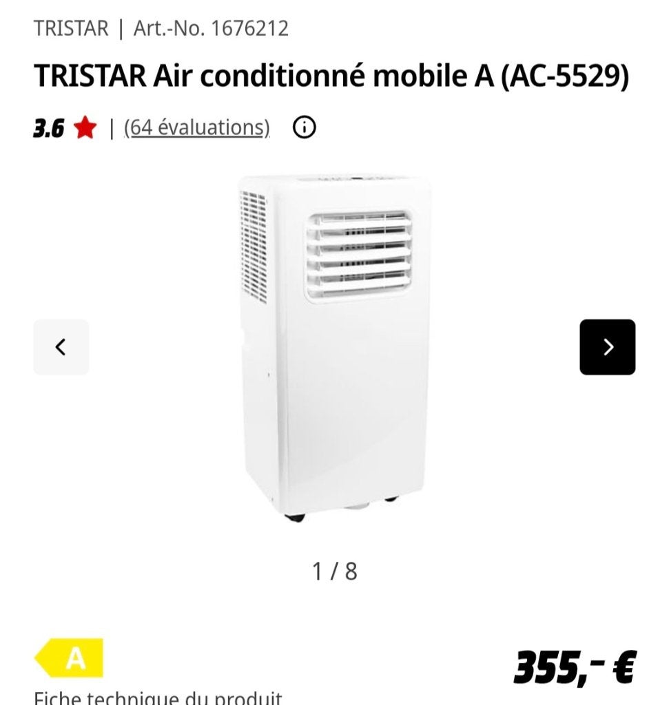 Climatiste Tristar, Electroménager, 60 à 100 m³, Utilisé, Classe énergétique A ou plus économe, Refroidissement et Déshumidification