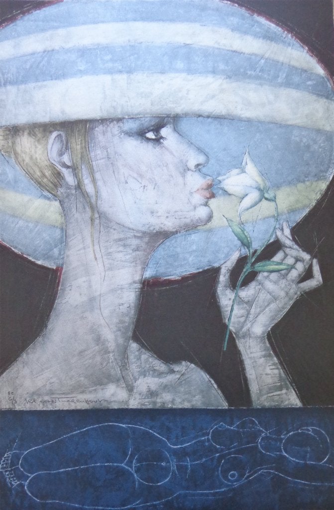 JEF VAN TUERENHOUT / BLAUWE HOED / KLEURZEEFDRUK / 76x50cm, Antiek en Kunst, Ophalen of Verzenden, Gelimiteerde oplage, Portret en Figuren