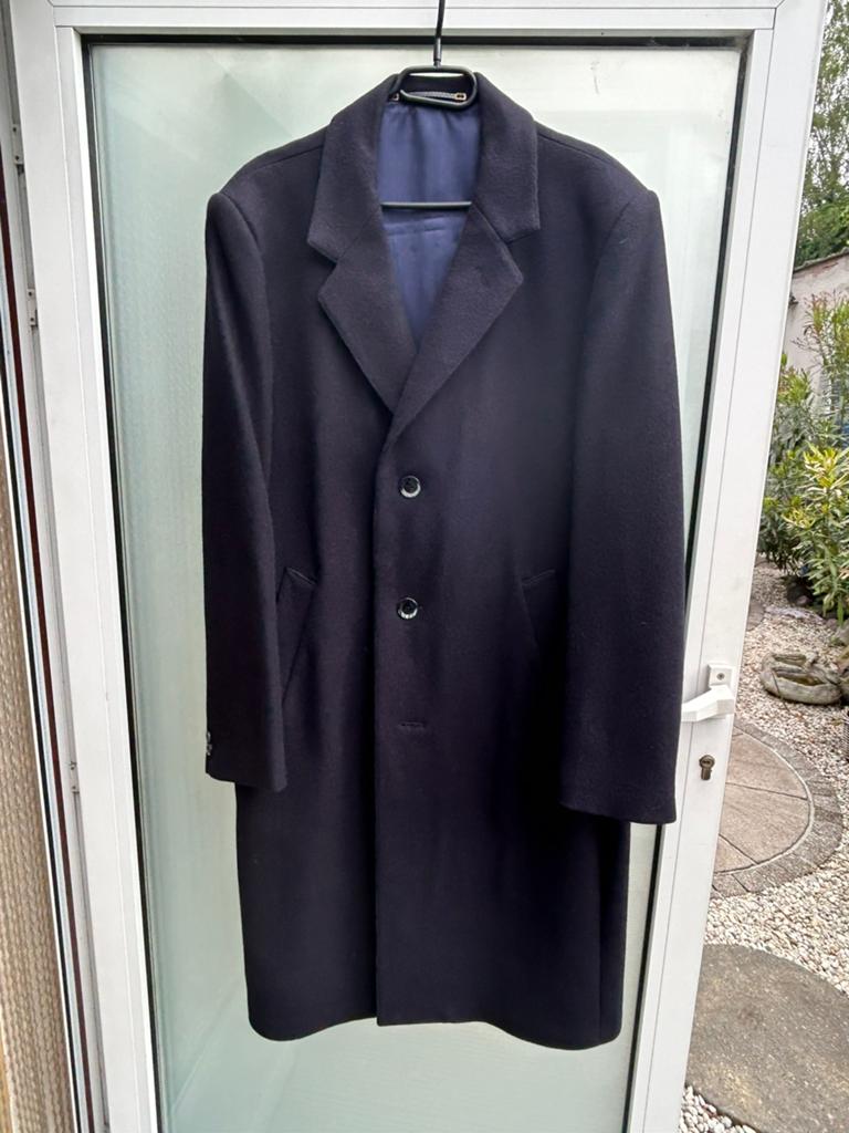 Dinker blauwe herenmantel, Kleding | Heren, Kostuums en vesten, Ophalen, Zo goed als nieuw