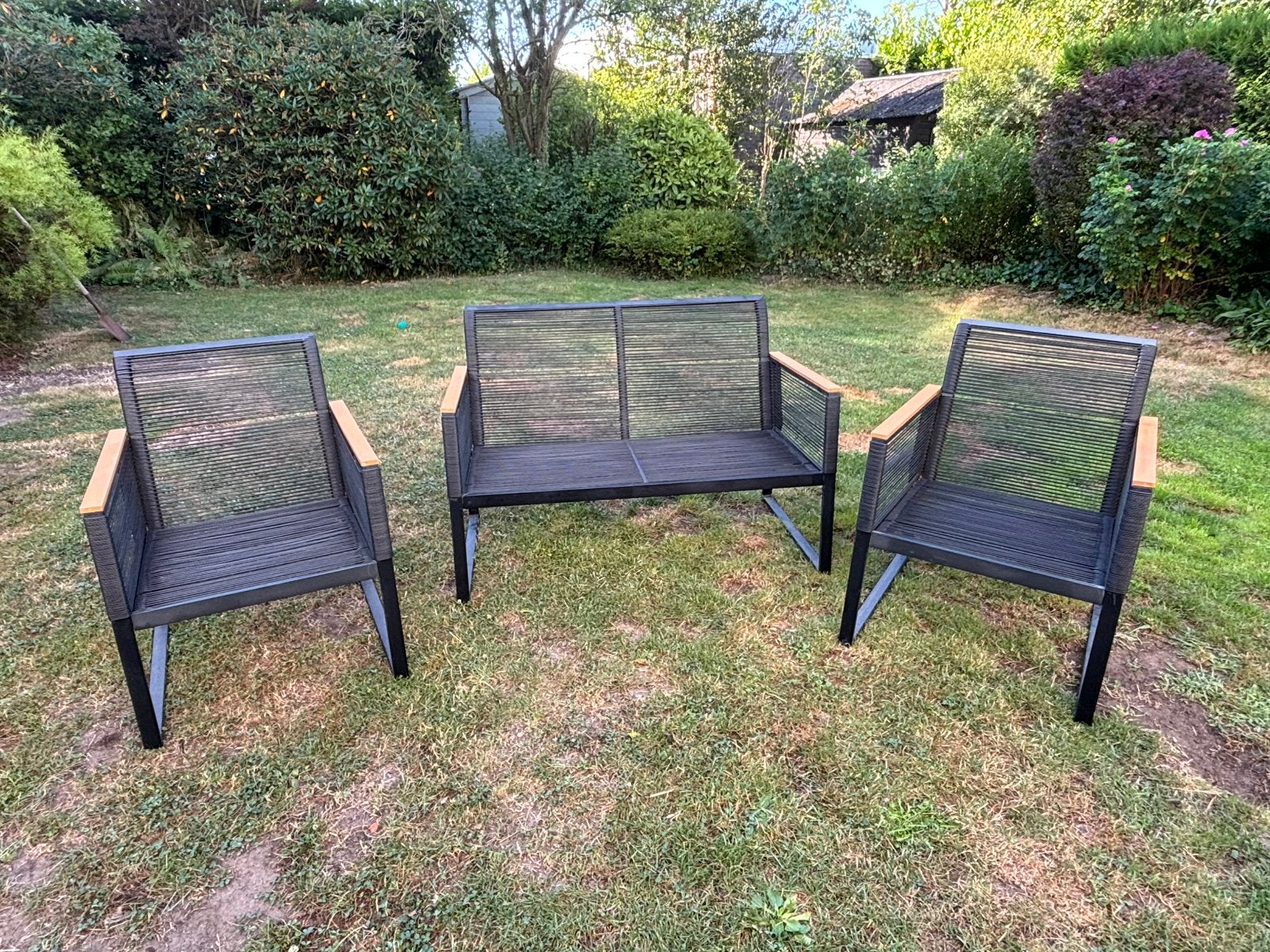 Loungeset zwart metaal, zwarte draad en houtdetail, Tuin en Terras, Ophalen, Gebruikt, Loungeset, Bank