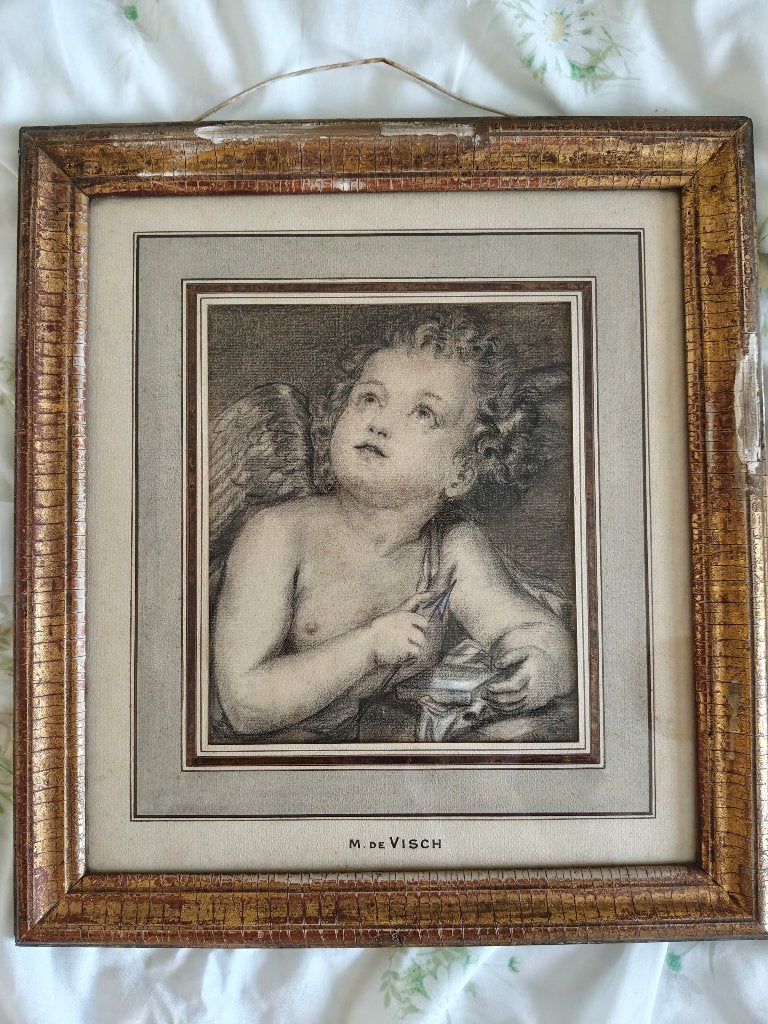 Pentekening Engel van M. De Visch +-100j, Antiek en Kunst, Kunst | Tekeningen en Fotografie, Ophalen, Tekening, Pentekening, Met ophangsysteem