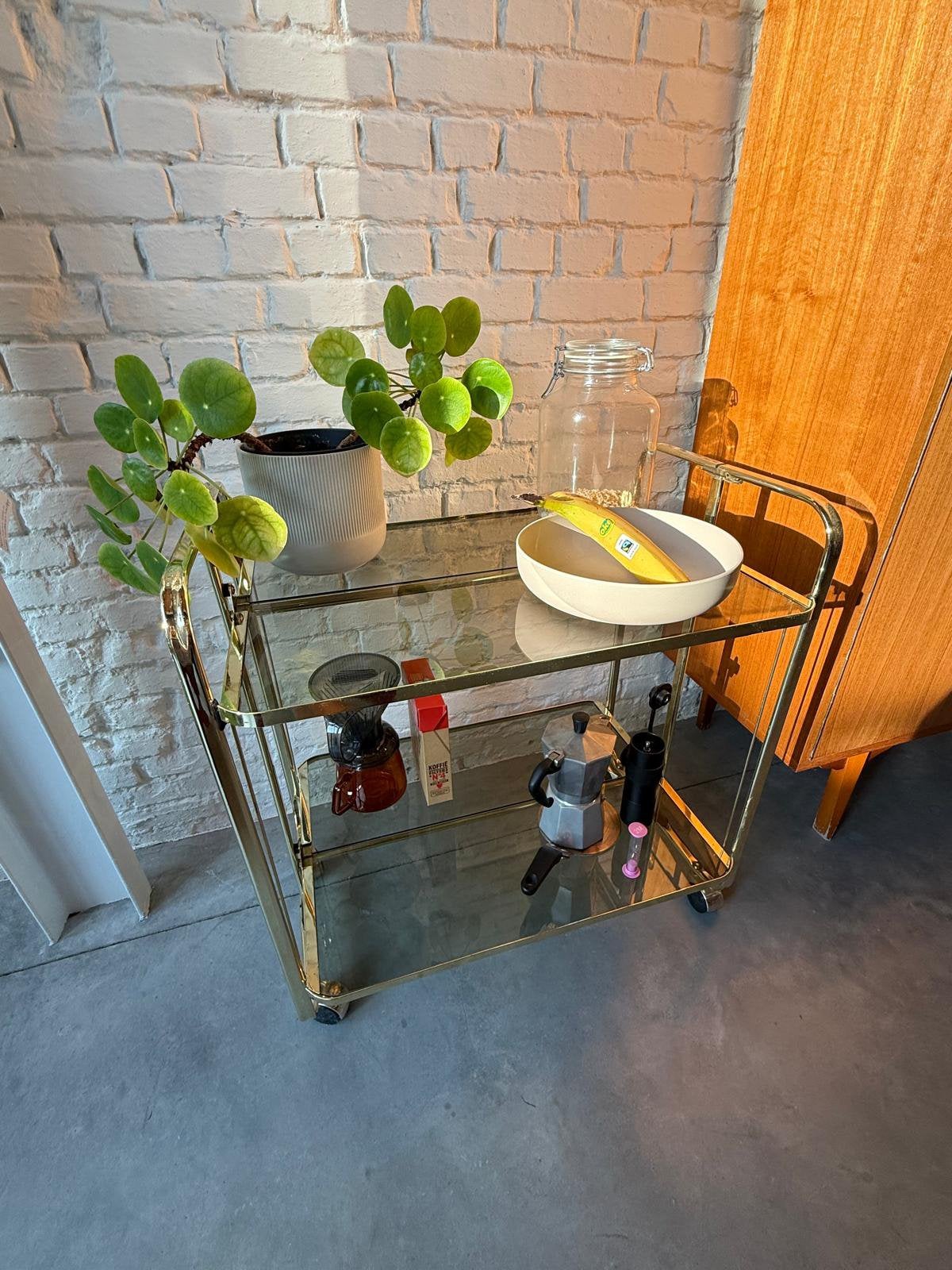Vintage serveerwagen / trolley (goudkleurig metaal & glas), Enlèvement