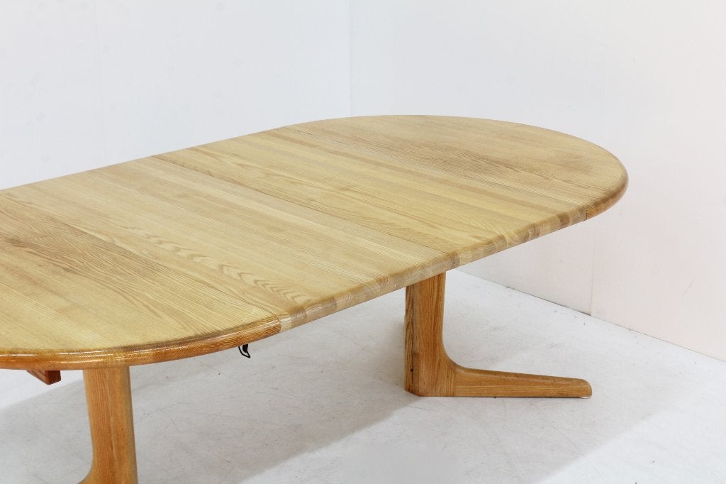 Vintage Deense ronde uitschuifbare eettafel massief hout, Huis en Inrichting, 100 tot 150 cm, Eikenhout, 200 cm of meer, Ophalen of Verzenden