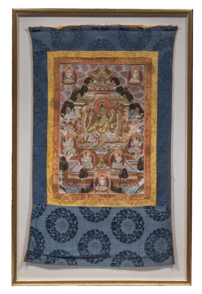 Grote Ingekaderde Antieke Tibetaanse Thangka, Antiek en Kunst, Wanddecoratie, Textiel, Ingelijst, Tibet