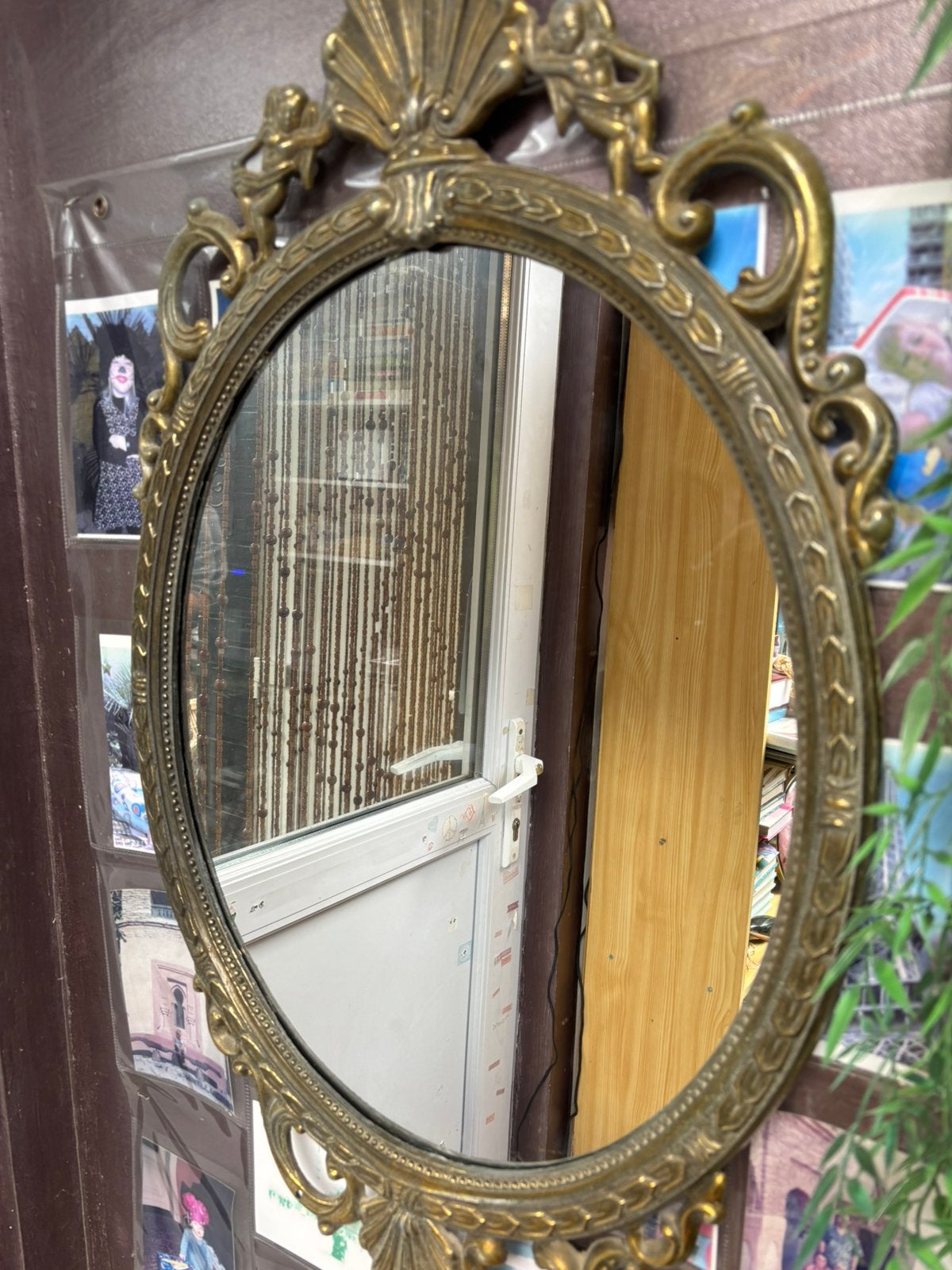 Vintage spiegel met vergulde sierlijst, Antiek en Kunst, Ophalen, Ovaal, Minder dan 50 cm, Minder dan 100 cm