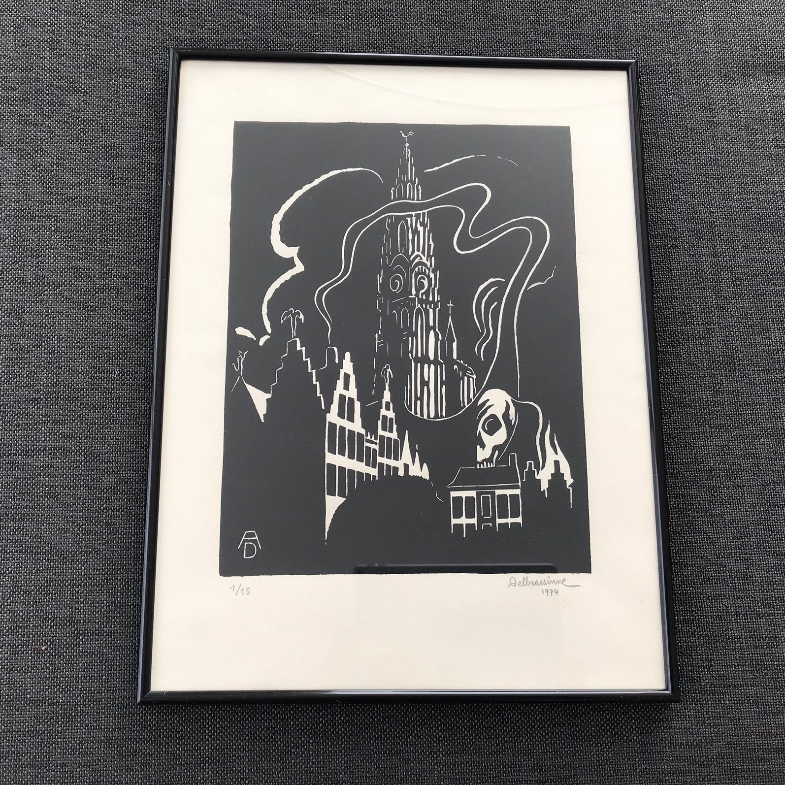 Linosnede Albert Delbrassine 1974, Antiek en Kunst, Kunst | Etsen en Gravures, 41 cm, Ophalen of Verzenden, 31 cm, Gesigneerd