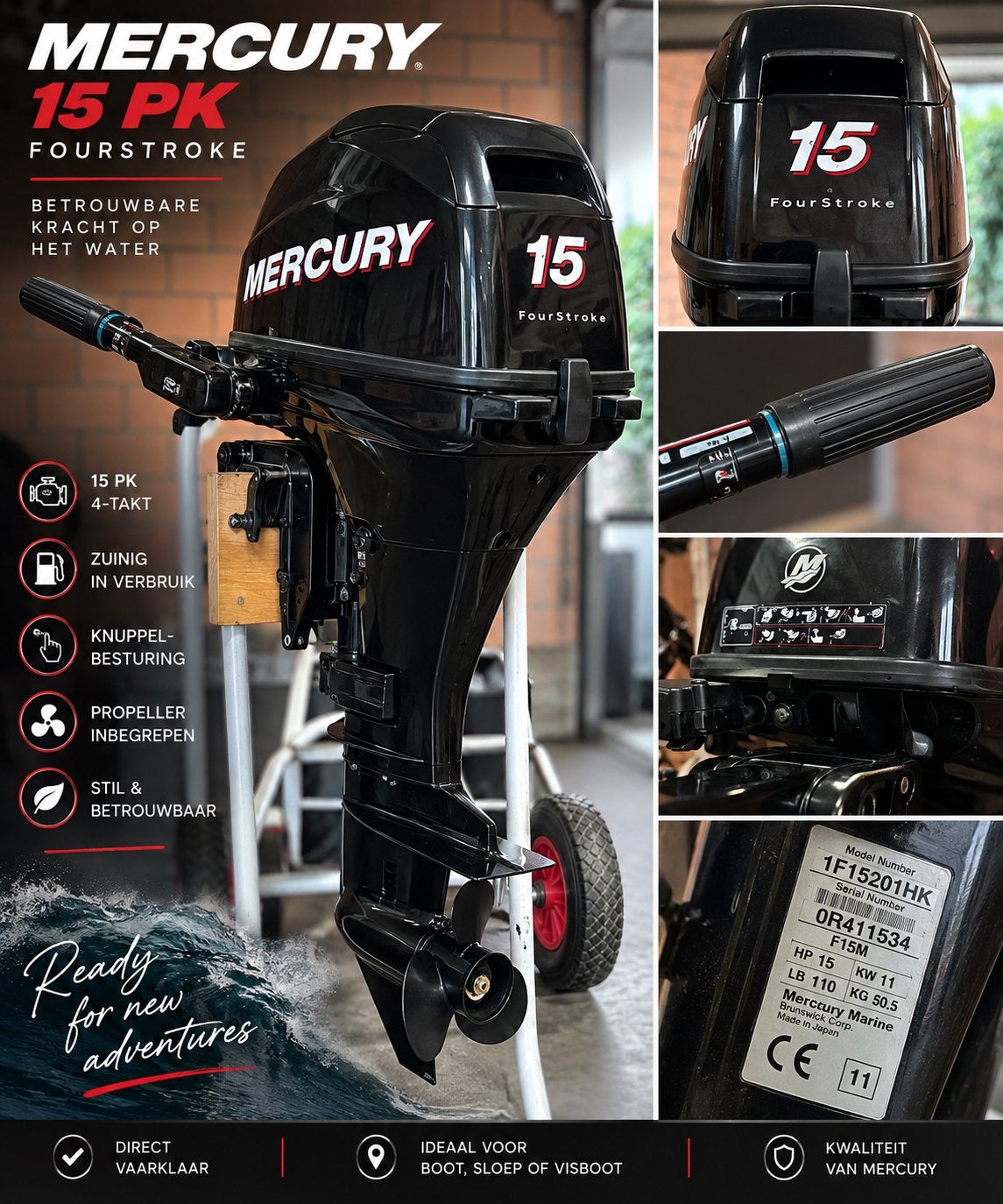 Mercury 15 PK FourStroke 4-takt – nette staat – €1.500, Watersport en Boten, Ophalen, Zo goed als nieuw
