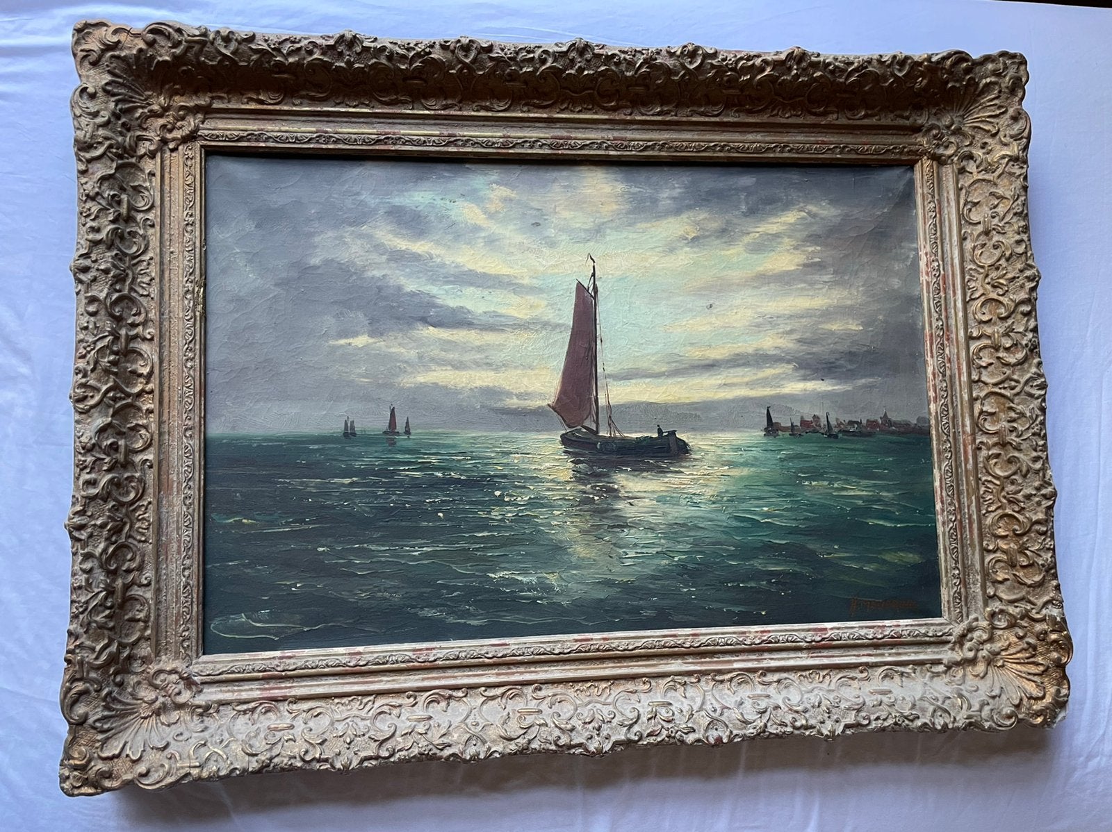 Vissersbootje olie op doek, Antiek en Kunst, Ophalen