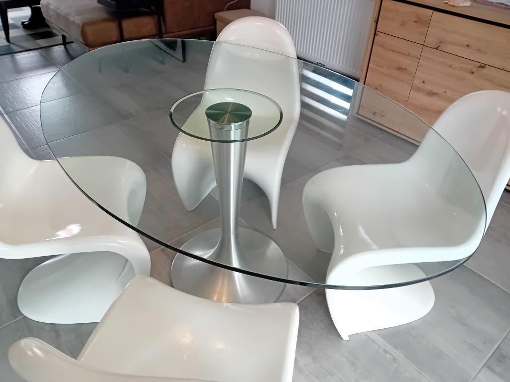 Table de salle à manger en verre pied tulipe, 150 à 200 cm, Cinq personnes ou plus, Verre, Comme neuf