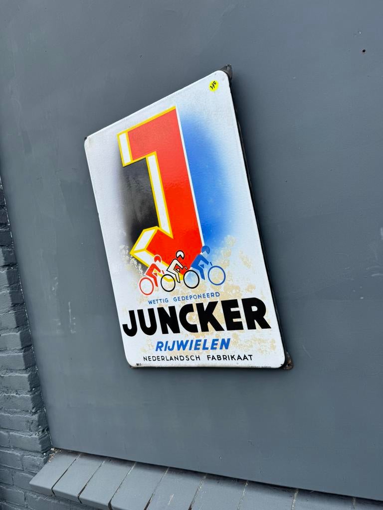 Panneau publicitaire cycliste en émail JUNCKER, Enlèvement ou Envoi