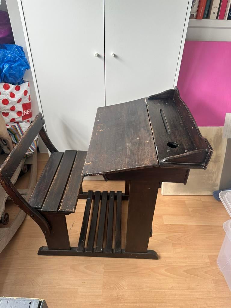 Vintage houten schoolbankje met zitplaats, Huis en Inrichting, Ophalen, Gebruikt