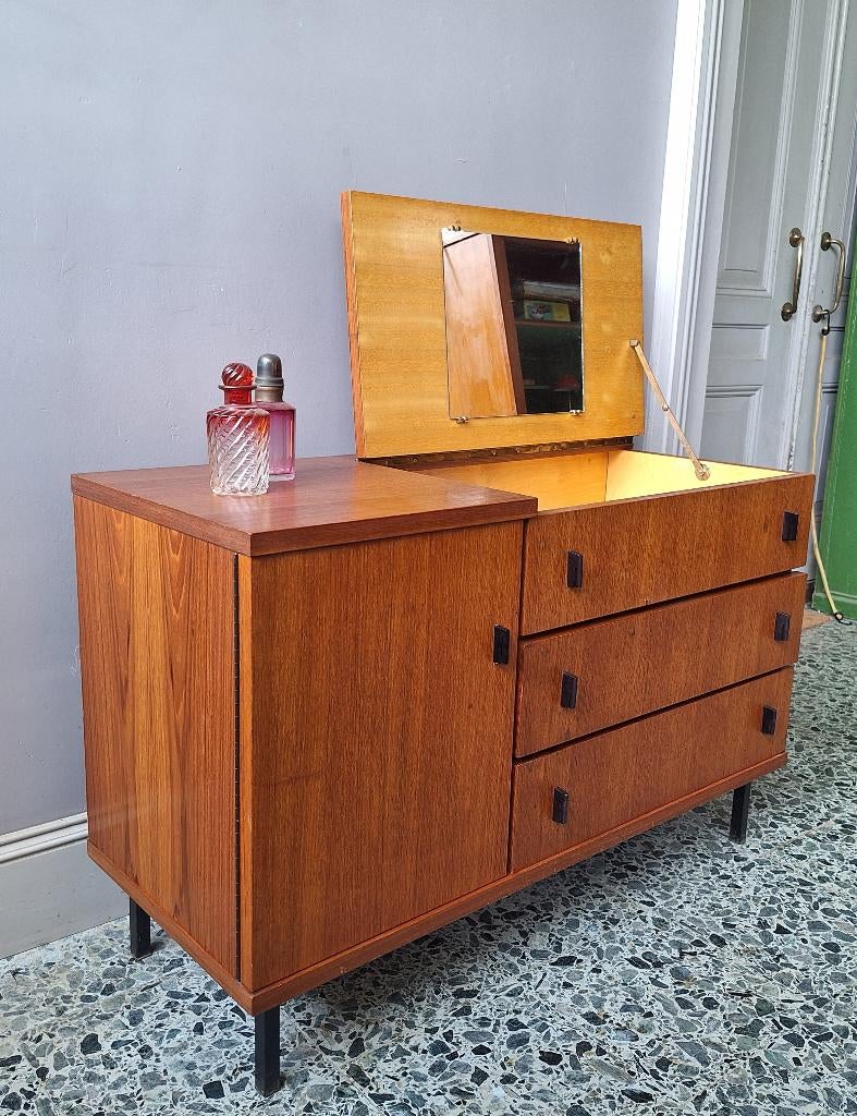 midcentury vintage design teak toilettafel dressoir 60s 60s, Avec tiroir(s), 100 à 150 cm, Utilisé, Teck