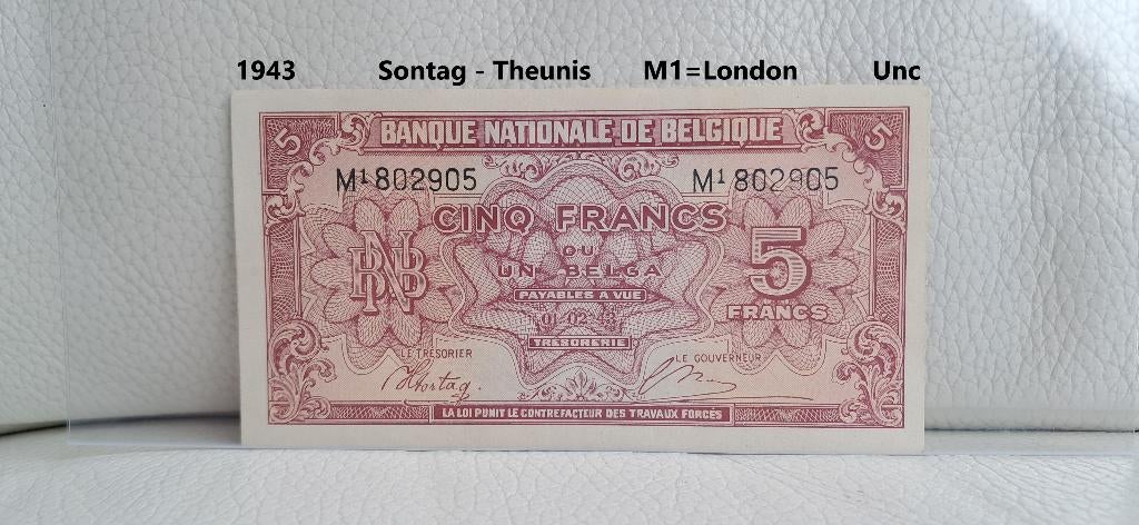 5 frank 1943 - Unc, Verzenden, Los biljet