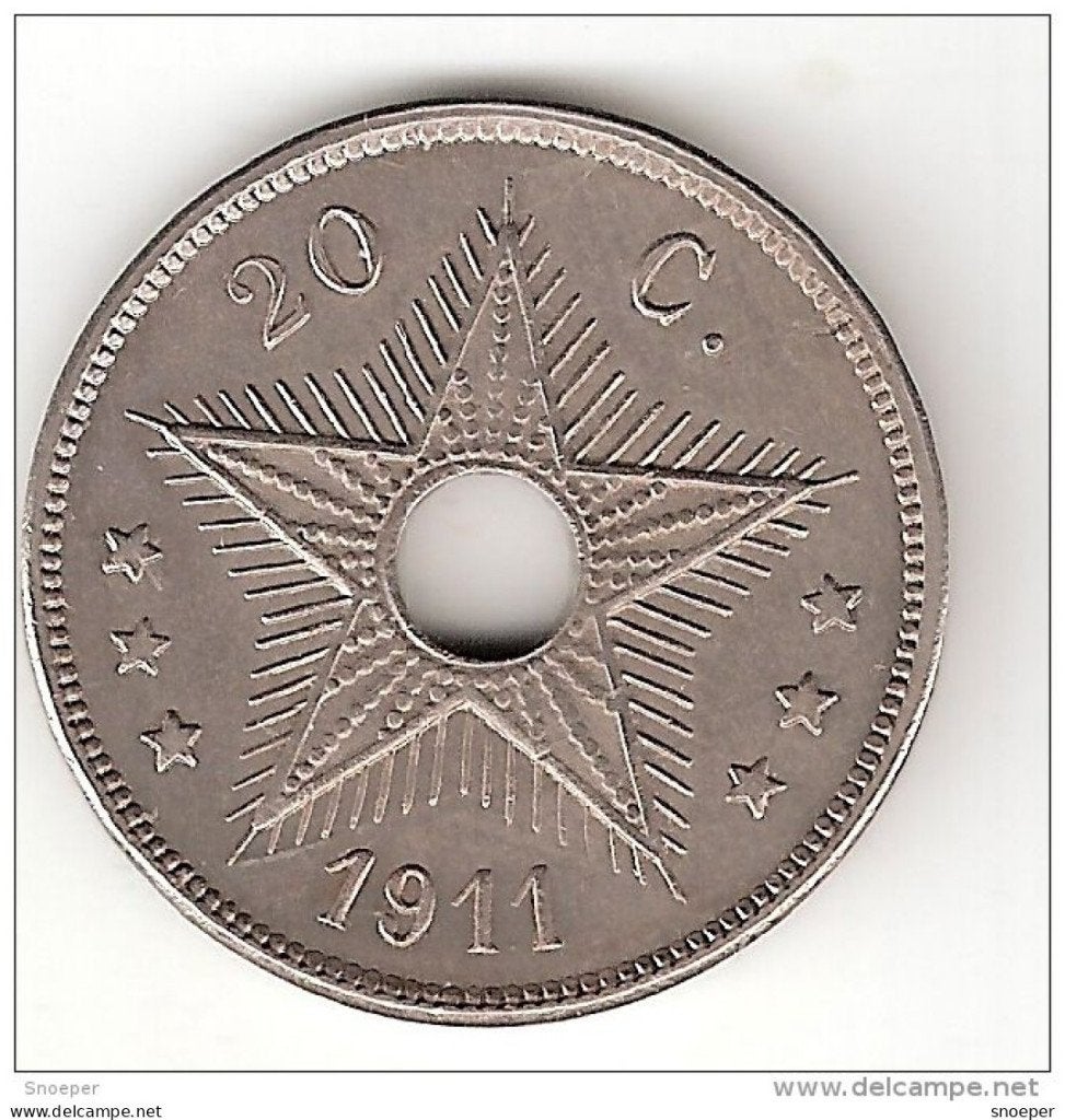 belgian congo 20 centimes 1911 km 19 xf +, Verzenden, Overige landen, Losse munt
