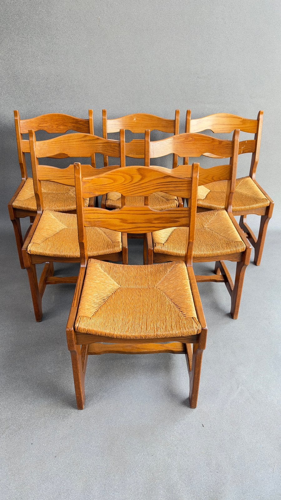 6 Chaises Vintage en Chêne/Paille Style Guillerme & Chambron, Enlèvement, Comme neuf