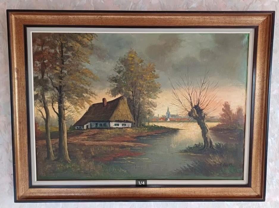 Schilderij van vissershuis met dorp op achtergrond, Ophalen