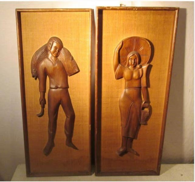 2 belles sculptures sur bois « Homme et femme » - 74x31, Bois, Enlèvement ou Envoi, Fait main, Homme