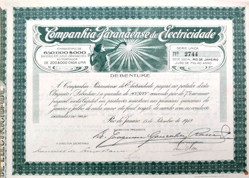 Companhia Paranaense de Electricidade (Rio de Janeiro) 1912, Ophalen of Verzenden, Voor 1920, Aandeel