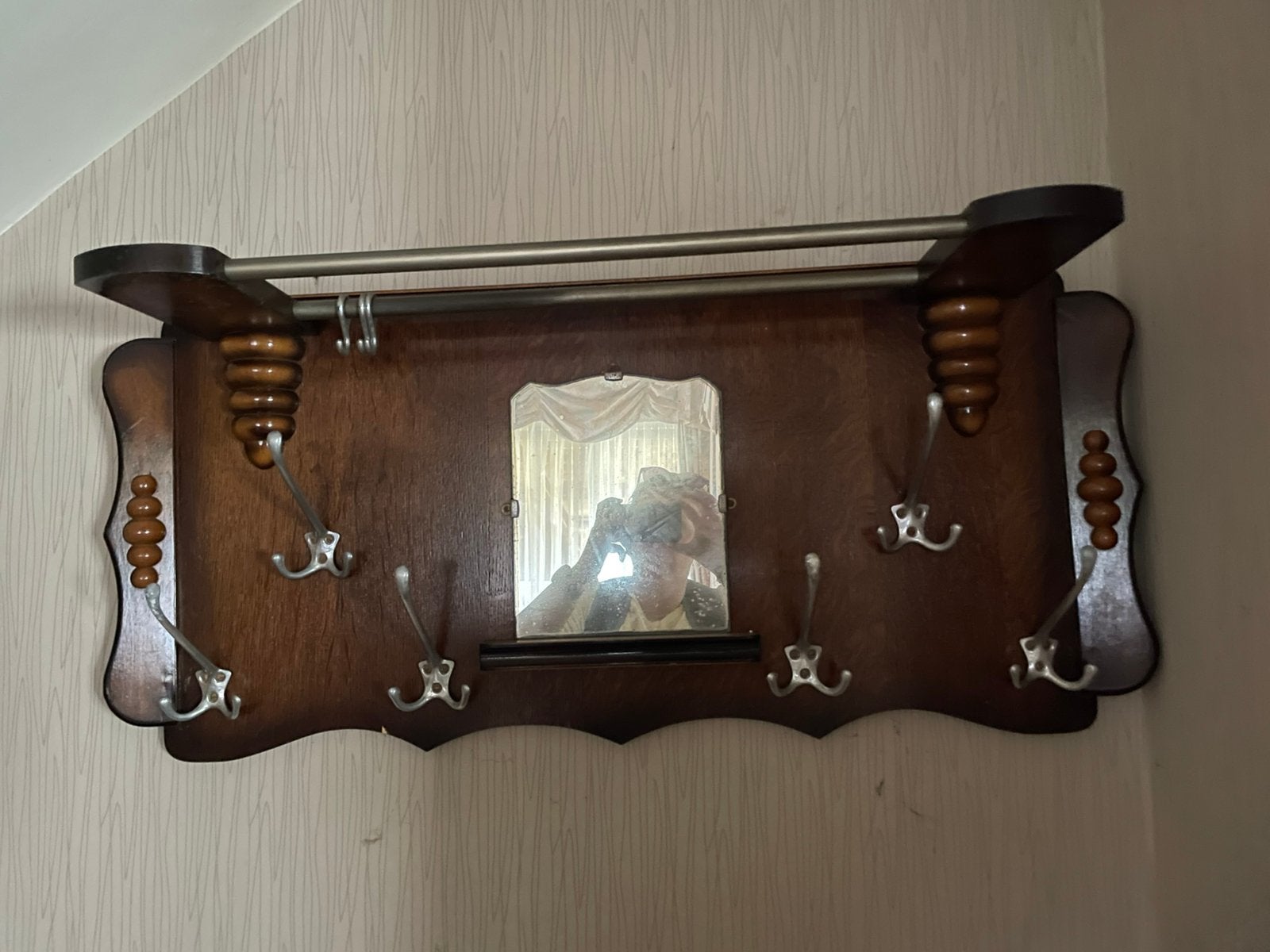Vintage houten kapstok met spiegel, Huis en Inrichting, Ophalen, Zo goed als nieuw, Hout, Wandkapstok