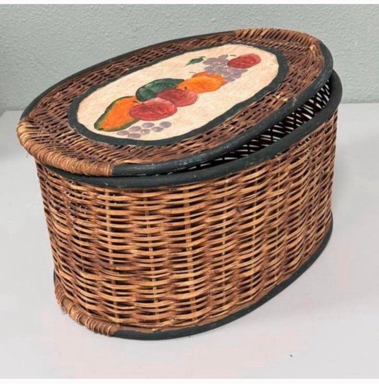 Grote rieten mand Rotan riet met schilderij deksel vintage, Mand, Ophalen of Verzenden, Zo goed als nieuw, Riet