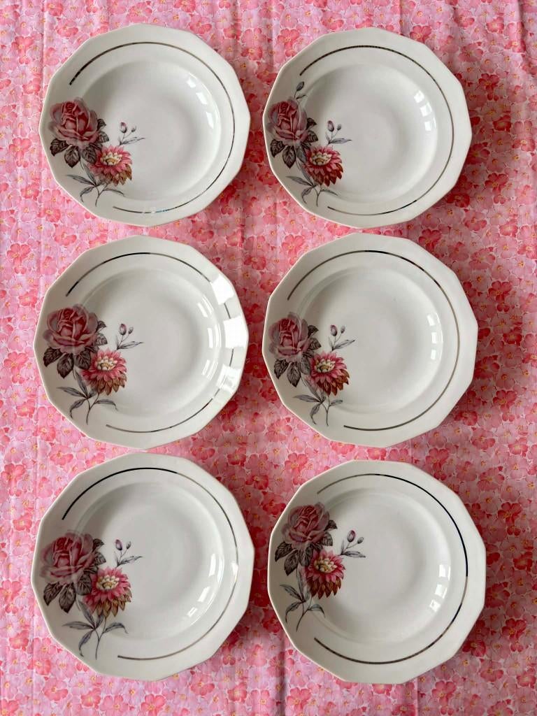 6 assiettes creuses limosa décor fleur liseré argenté, Antiquités & Art, Enlèvement ou Envoi