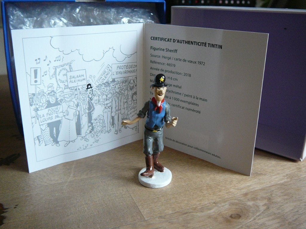 Figurine Tintin carte de voeux 1972 : Le sheriff ivrogne, Enlèvement, Tintin, Comme neuf, Statue ou Figurine