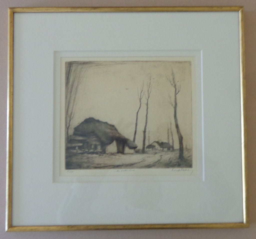 DIRK BAKSTEEN / DE ACHTERHOEK / ZW-W ETS / 43x46cm / KADER, Ophalen of Verzenden, Ets, Gesigneerd