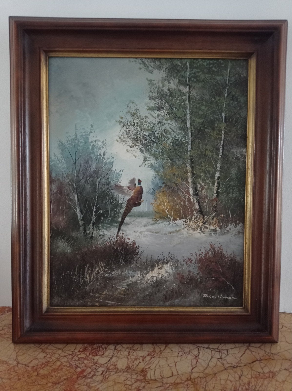Tableau vintage signé Tomaso, faisan volant, Antiquités & Art, Enlèvement ou Envoi
