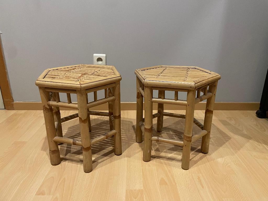 2 Vintage Bamboe en Rotan bijzettafeltjes, Antiek en Kunst, Ophalen
