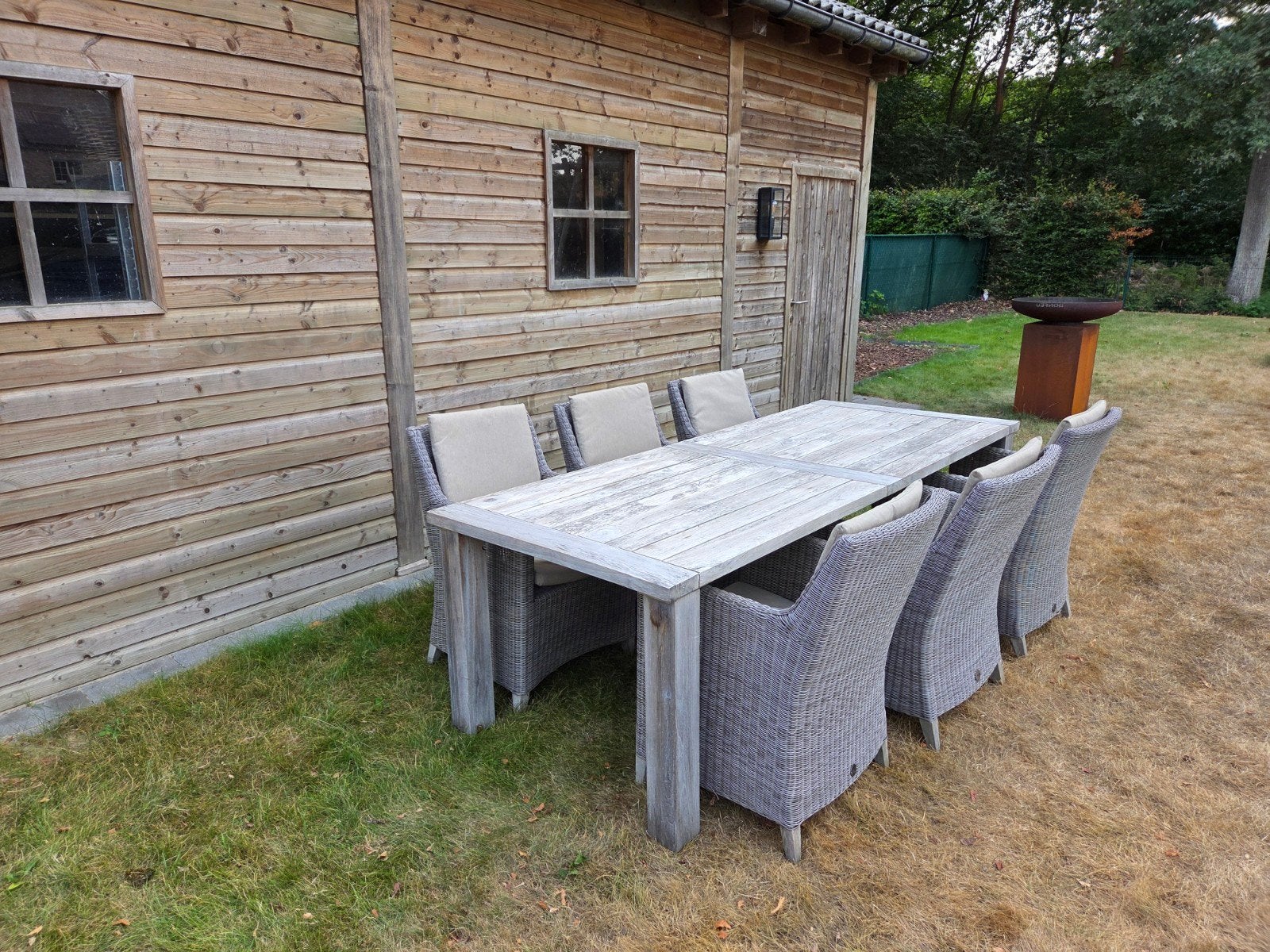 Teak tafel met 6 stoelen, Ophalen, Gebruikt, Hardhout, 6 zitplaatsen