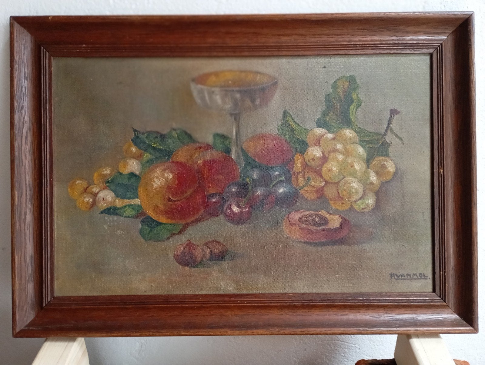 Vintage Stilleven met Fruit – Olieverf op doek – Houten kade, Antiek en Kunst, Doek, Stilleven, Ophalen of Verzenden, Olieverf