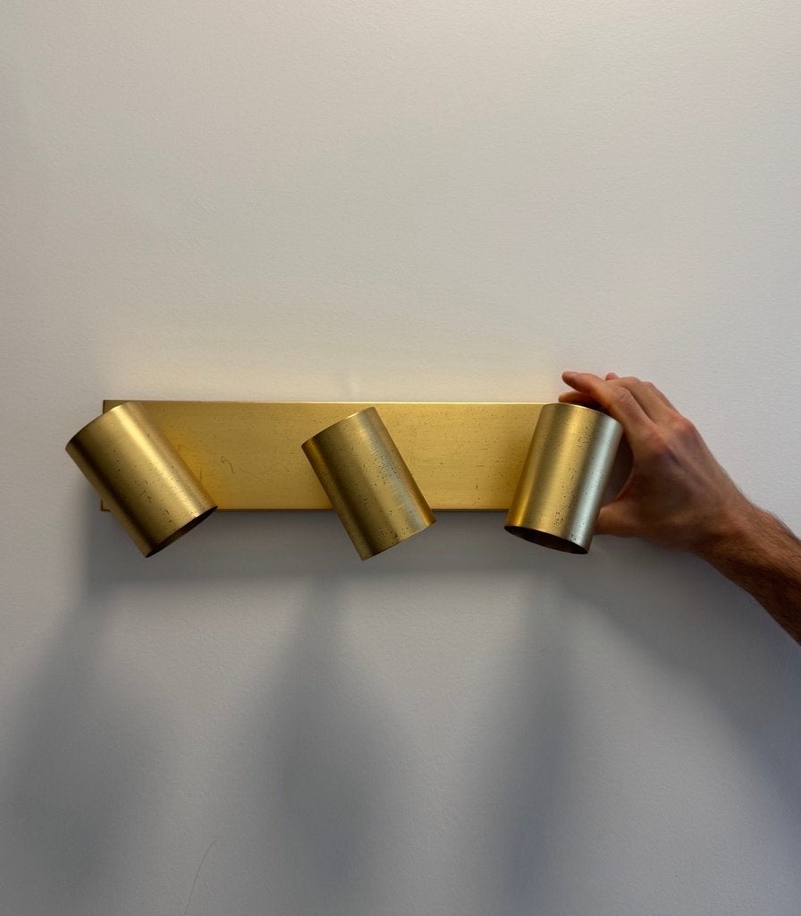 2x Gouden plafond- of wandlamp met 3 verstelbare spots, Ophalen, Gebruikt, Modern, GU10