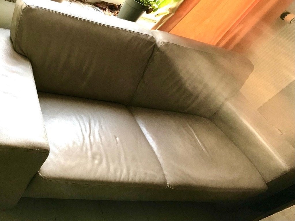 Zitbank van leer, mokka kleur, 5 personen., Ophalen, Gebruikt, Minder dan 75 cm, Leer