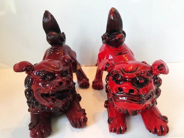 Rode Foo dogs tempelleeuwen, Enlèvement ou Envoi, Asie, Statue, Rouge