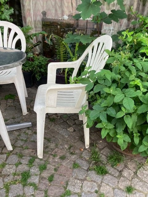 32 CHAISES EN PLASTIQUE BLANC EMPILABLES. CHAISES DE CAFÉ, Enlèvement, Utilisé, Synthétique, Empilable